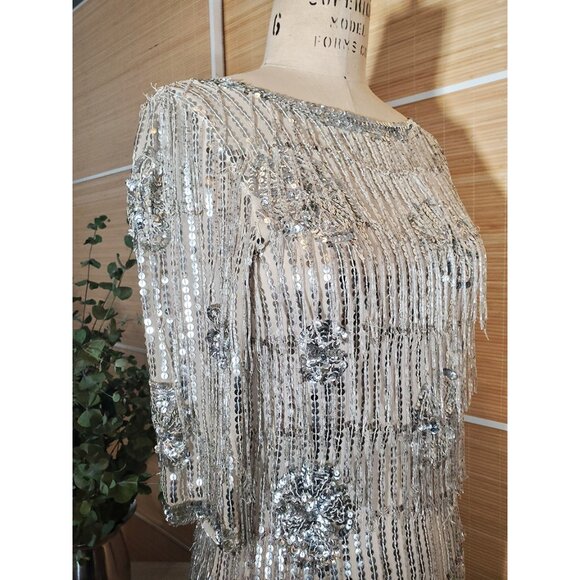 Rare Vintage Silver Glass-Beaded Fringe Silk Tee size XS / S - Picture 7 of 17